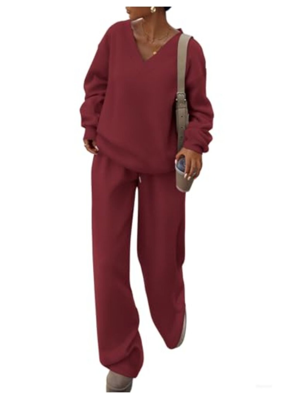 PRETTYGARDEN Womens 2 Piece Sweatsuit V Neck Pullover Wide Leg Sweatpants Set